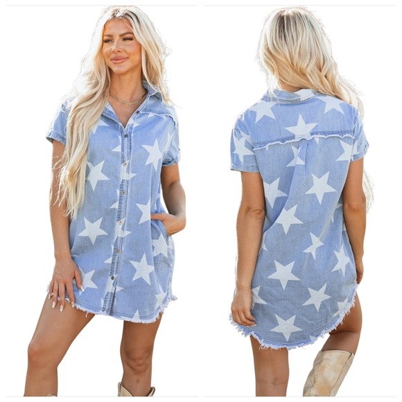 easel Dresses & Skirts - Easel Star Print Chambray Denim Midi Dress Frayed Hem Americana Western Size S